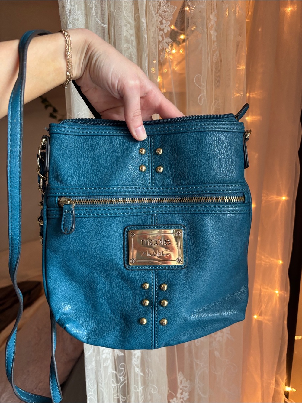 Nicole Miller Teal Blue Leatherette Crossbody with Gold Accents